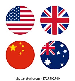 set of round icons flags, united states of america, united kingdom, china and australia flags. isolated on white background