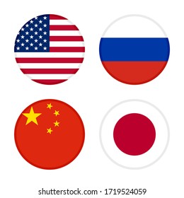  conjunto de marcas de iconos redondos. estados unidos de América, Rusia, China y Japón. aislado sobre fondo blanco