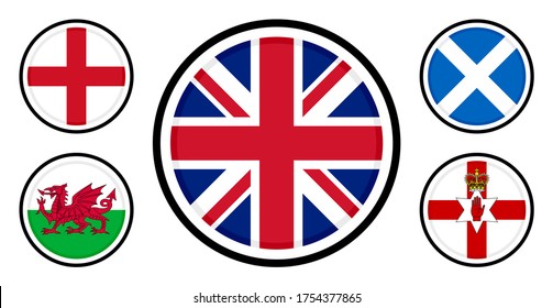 set of round icons flags. united kingdom, england, northern ireland, wales and scotland flags. isolated on white background