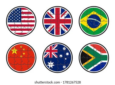 Reihe von Fahnen für runde Symbole. Vereinigte Staaten, vereinigtes Königreich, China, Brasilien, Australien und Südafrika Flaggen, die mit Puzzleteilen hergestellt wurden. einzeln auf weißem Hintergrund