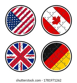 set of round icons flags. united states of america, canada, united kingdom and germany flags made with jigsaw puzzle pieces. isolated on white background