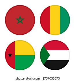 set of round icons flags.morocco, guinea, guinea bissua and sudan flags. isolated on white background