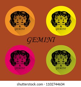 Set of round icons, flat style, zodiac sign "GEMINI" on brown background, vector