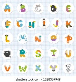 Set of round icons of funny capital letters alphabet for children education.Vector illustration of a flat design.