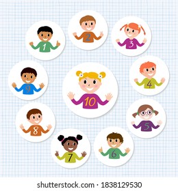 Set of round icons happy children show the number with their fingers. Kids educational material. Vector illustration.