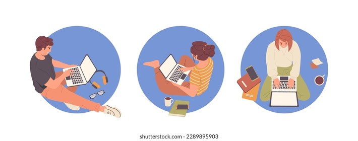 Set of round icons with happy people character working or studying online using laptop computer