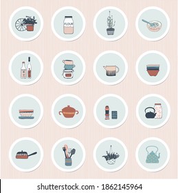 Set of round icons with kitchen utensils and accessories.Vector illustration drawn by hand.