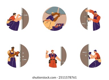 Set of round icons of locksmith services in flat style. Vector illustration depicting a character who performs repairs or installation of locks on the doors of houses and vehicles. Flat style.