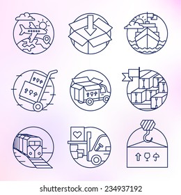 Set of round icons. Logistics, shipping, air transport, railways, ports, shipping.