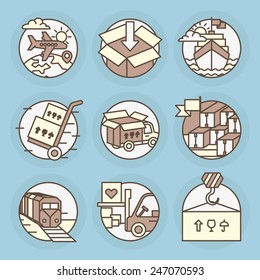 Set of round icons. Logistics, shipping, air transport, railways, ports, shipping.