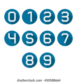 Set of round icons numbers from zero to nine with a long diagonal shadow, vector illustrations.