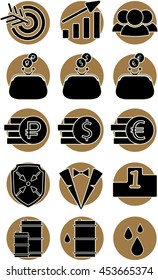 set of round icons on brown background