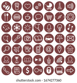 Conjunto de iconos rojos redondos sobre el tema del estilo de vida. Ocio, deportes, comida y pasatiempos. Imágenes aisladas por vectores.