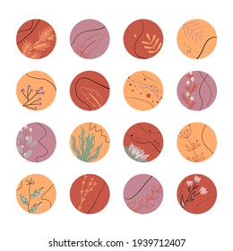A set of round icons on the theme of nature. Drawn icons with floral elements. Social media icons.