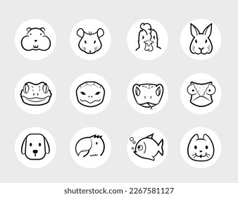 Conjunto de iconos redondos de animales de compañía. Los iconos de esquema son bien escalables y editables. Los elementos de contraste son buenos para iconos, signos, fondos y pantallas diferentes. EPS10.