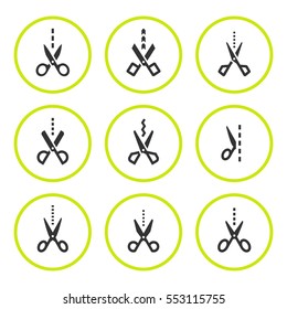 Set round icons of scissors with cut line