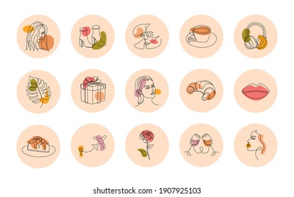 Set of round icons for social media stories. Abstract highlight covers with one line faces, organic shapes, plants, food, clothes. Vector art