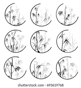 Set of round icons stylized bamboo trees and its shadow.