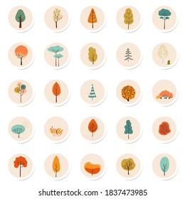 Un conjunto de iconos redondos con árboles estilizados.Ilustraciones aisladas dibujadas a mano