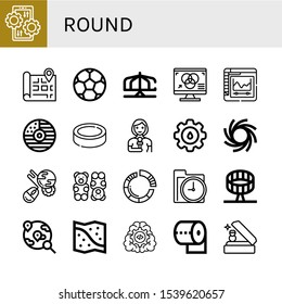 Set of round icons. Such as Settings, Map, Soccer ball, Merry go round, Rgb, Cd, Puck, Reporter, Cogwheel, Black hole, Worldwide, Gummy bear, Pie chart, Time, Round up ride , icons