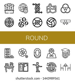 Set of round icons such as Ticket office, Wafer, Global, Planets, Genetics, Compact disc, Map, Volleyball, Rgb, Degree, Pills, Coffee table, Setting, Check, Ring, Shuffle , round