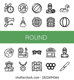 Set of round icons. Such as Wall clock, Hair dryer, Global, Compress, Beach ball, Water polo, Cuckoo clock, Inflatable, Ball, Time, Check, Pendant, Glasses, Map , round icons