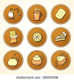 Set round icons tea and sweets objects in cartoon styles