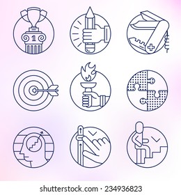 Set of round icons. Thin line, skill, training, ability, achievement, result.