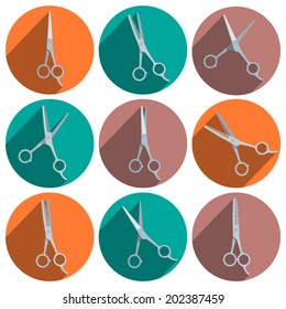 Set of round icons with thinning shears and haircutting scissors