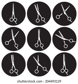 Set of round icons with thinning shears and haircutting scissors