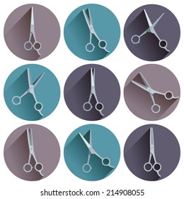 Set of round icons with thinning shears and haircutting scissors
