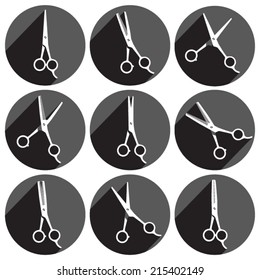 Set of round icons with thinning shears and haircutting scissors