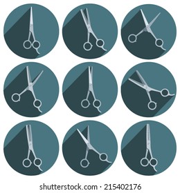 Set of round icons with thinning shears and haircutting scissors