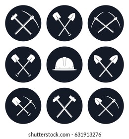 Set Round Icons of Tools for Excavation and Percussion Works, Working Equipment and Helmet, Mining and Construction Industry, Black and White Vector Illustration