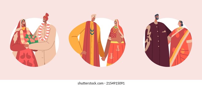 Set of Round Icons Traditional Indian Couples Celebrate Wedding Ceremony. Happy Groom and Bride Characters Wear Festive Clothes, Newlywed Man and Woman Marriage. Cartoon People Vector Illustration