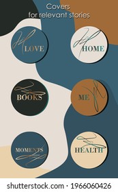 A set of round icons for trending Instagram stories in a seasoned turquoise-orange color scheme. The icons have lettering and abstract gradient zigzags. A set of 6 icons.