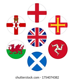 set of round icons. united kingdom, england, northern ireland, wales, scotland, isle of man and guernsey flags. isolated on white background