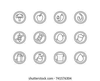 Set of round icons of various diets and ingredient labels. Vegan, vegetarian, raw, spicy food, gluten, sugar, nut, egg, dairy, GMO free, low carb, no trans fat signs.