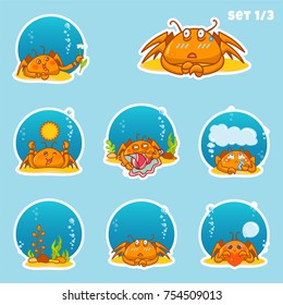 Set of round icons with vector cartoon crabs in water bubbles with different face expression. Illustrations of kawaii anime crab. Abstract design