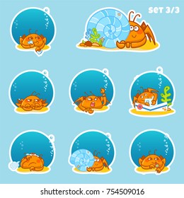 Set Of Round Icons With Vector Cartoon Crabs In Water Bubbles With Different Face Expression. Illustrations Of Kawaii Anime Crab. Abstract Design