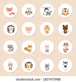A set of round icons of vector cute animals in cartoon style. A collection of small animals in the children's style.