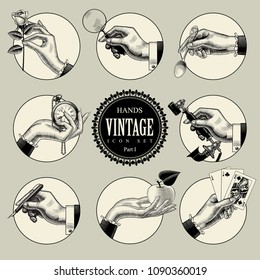 Set of round icons in vintage engraving style with hands and accessories. Retro business icons. Vector illustration