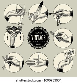 Set of round icons in vintage engraving style with hands and accessories. Retro business icons. Vector illustration