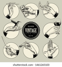Set round icons in vintage engraving style and hands   accessories  Retro business icons  Vector illustration