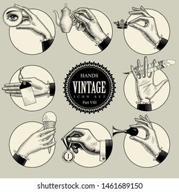 Set of round icons in vintage engraving style with hands and accessories. Retro business icons. Vector illustration