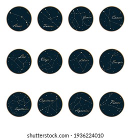 A set of round icons of the zodiac constellations.Vector illustration of the starry sky.