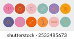 Set of round icons with zodiac signs in retro colors. Colorful vector symbols for astrological projects, digital design, apps, branding, or print materials