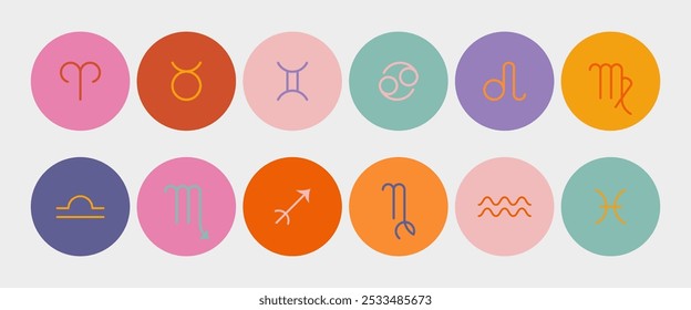 Conjunto de ícones redondos com signos do zodíaco em cores retrô. Símbolos vetoriais coloridos para projetos astrológicos, design digital, aplicativos, branding ou materiais de impressão