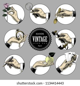 Set of round images in vintage engraving style with body parts and accessories. Retro business icons. Vector illustration