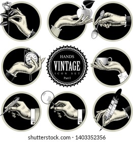 Set of round images in vintage engraving style with body parts and accessories. Retro business icons. Vector illustration